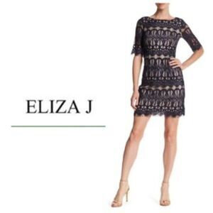 Eliza J‎ Scalloped Lace Cocktail Shift Dress Black Womens Size 12 Lined